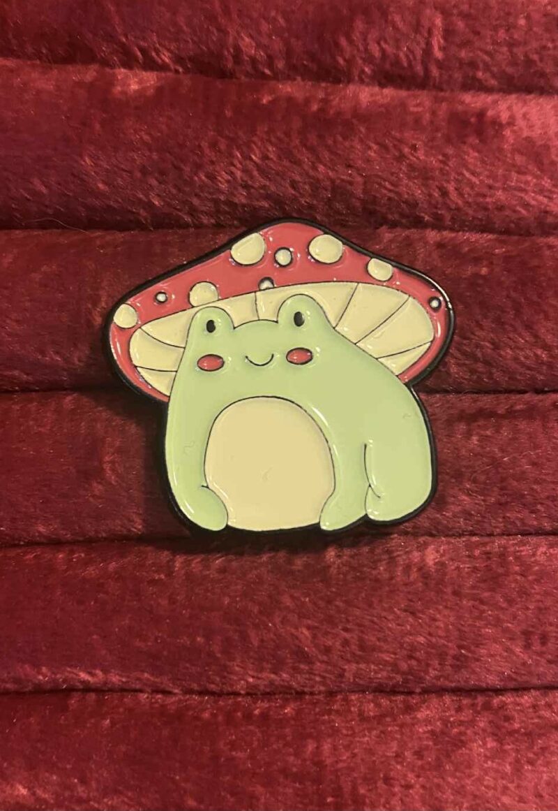 Frog in a mushroom hat pin 