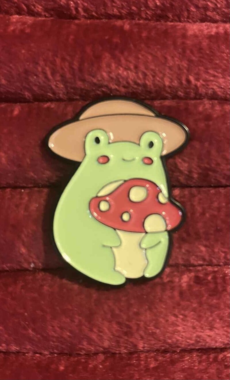 Frog holding mushroom pin 